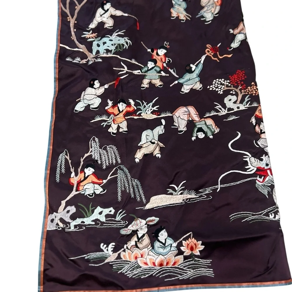 Large Chinese Asian Silk Embroidered Tapestry Wall Hanging Art Panel 36” x 65”
